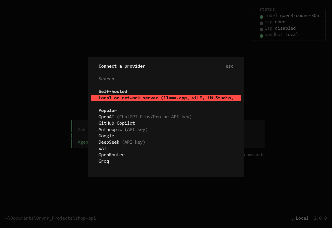 The Connect a provider window with Local or network server at the top, then OpenAI, GitHub Copilot, Anthropic and more