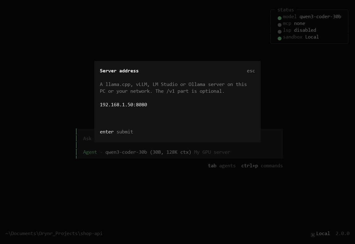 The Server address prompt with 192.168.1.50:8080 typed in