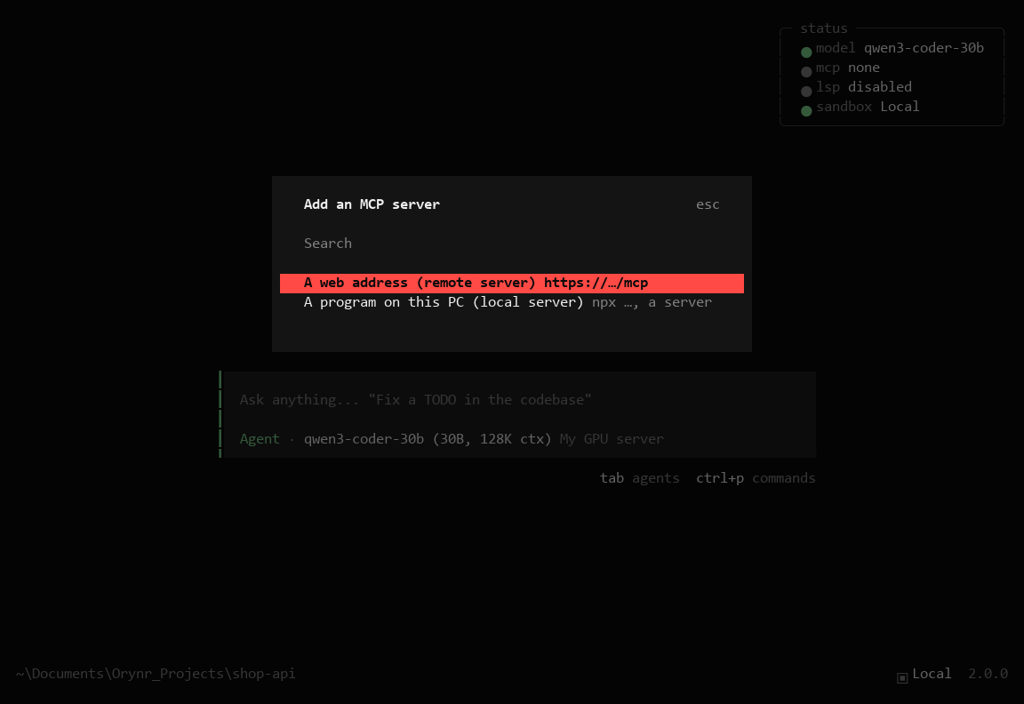 Add an MCP server: A web address (remote server) or A program on this PC (local server)