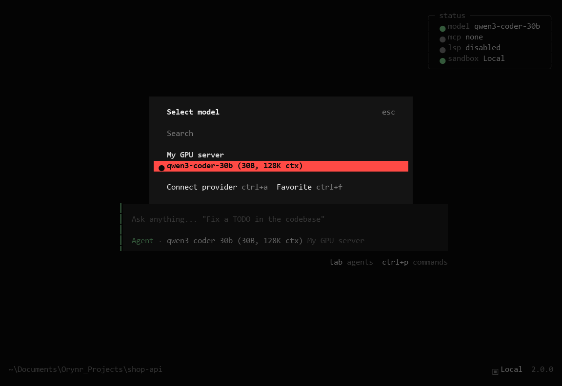 The Select model window listing qwen3-coder-30b on My GPU server