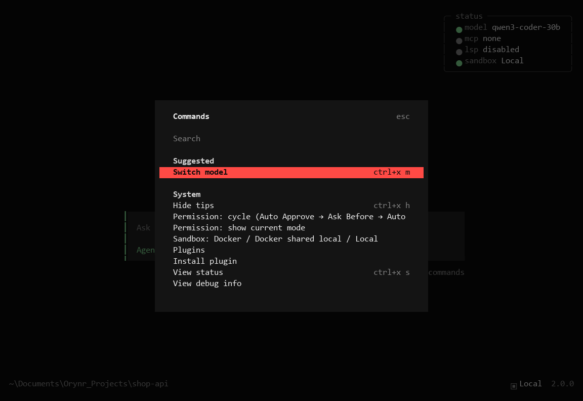 The command palette listing Switch model, permission and sandbox commands