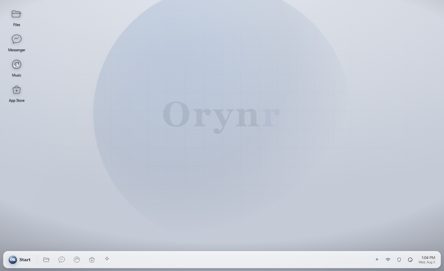 The Orynr desktop with app icons and taskbar