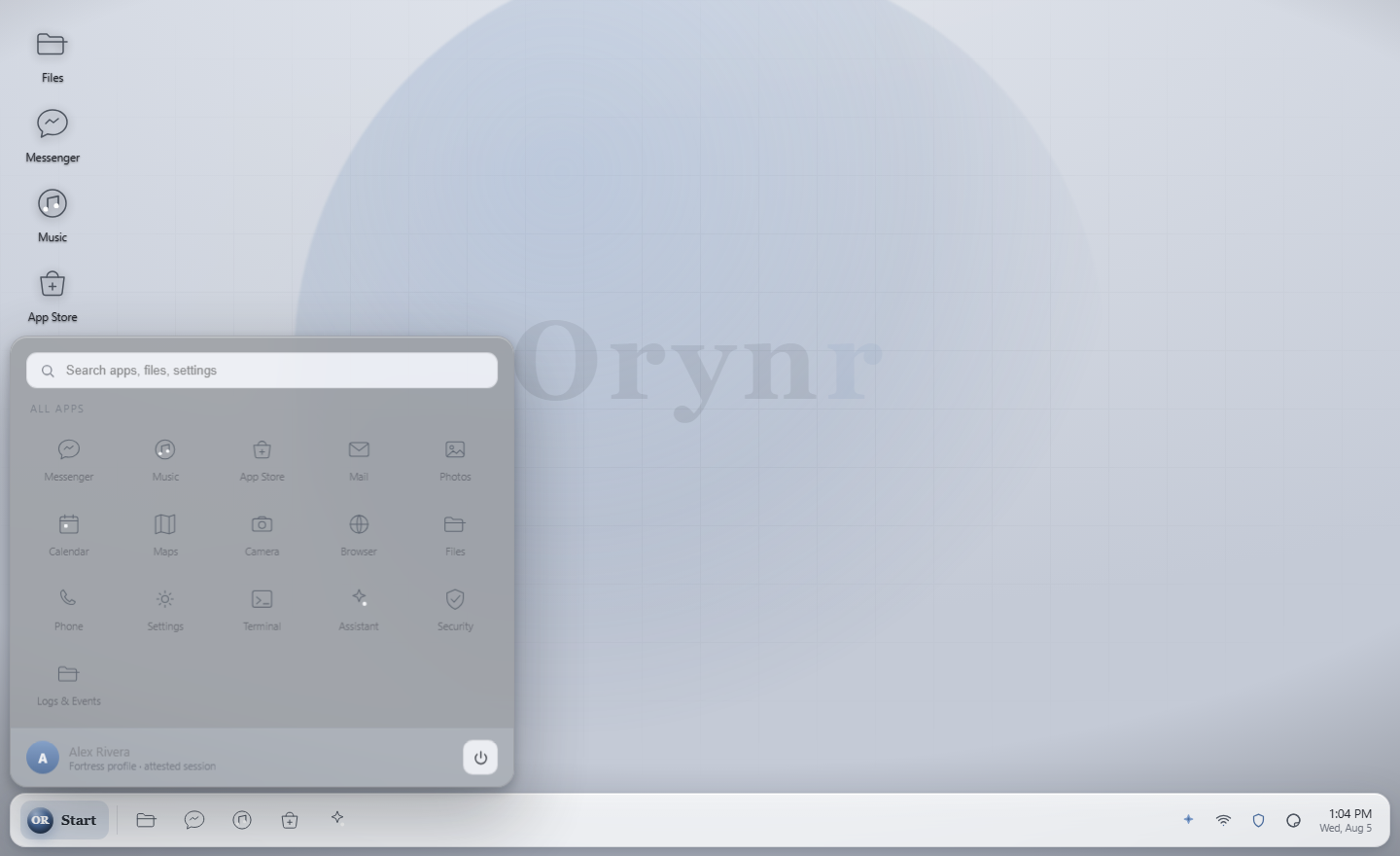 The Orynr Start menu with search and all apps